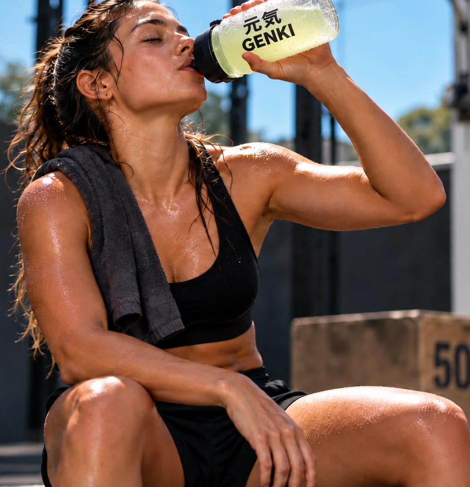 Mujer tomando Genki después de entrenar