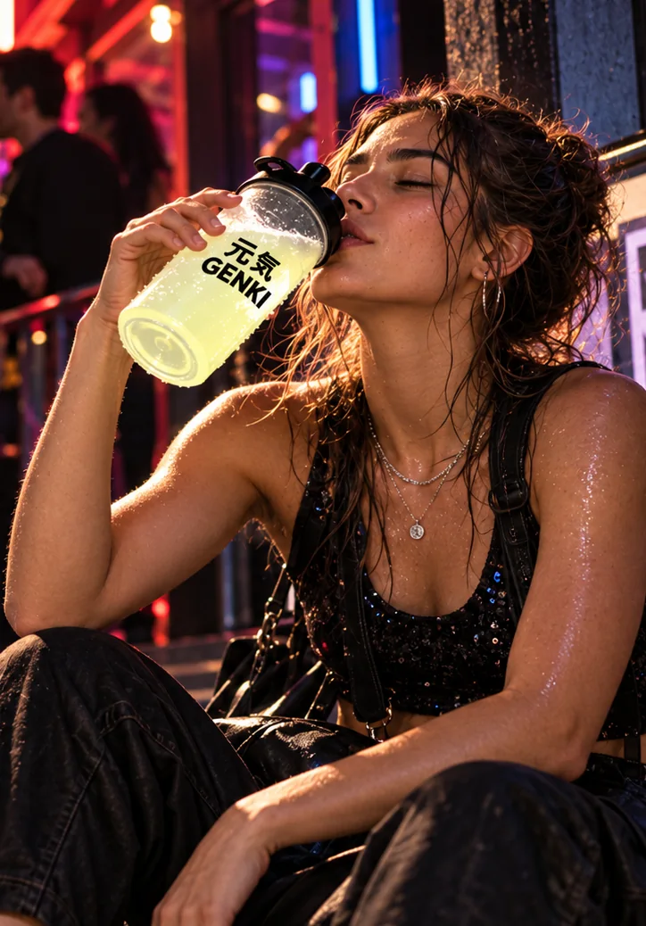 Mujer tomando Genki a la salida de una noche de baile