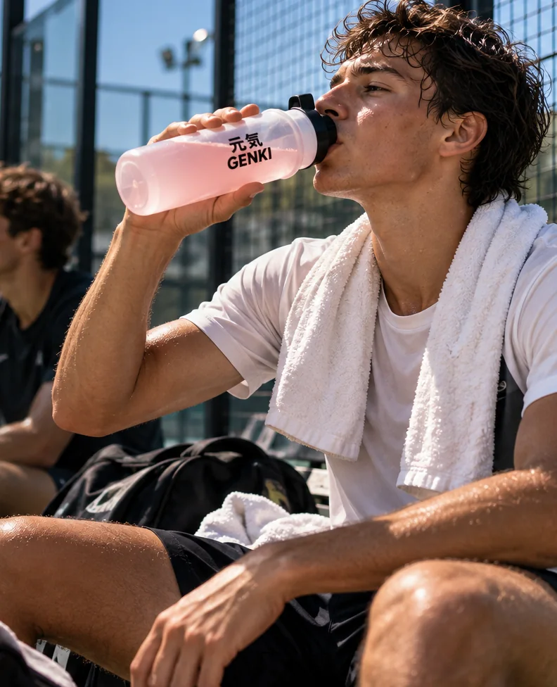 Jugador de pádel tomando Genki en un descanso del partido