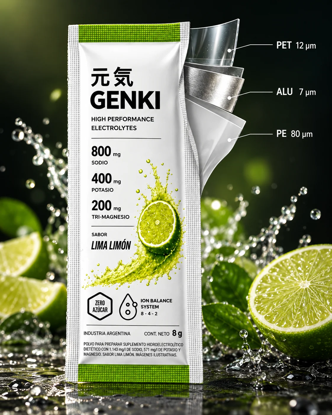 Sobre Genki Lima Limón con sus tres capas: PET 12 µm, aluminio 7 µm y polietileno 80 µm