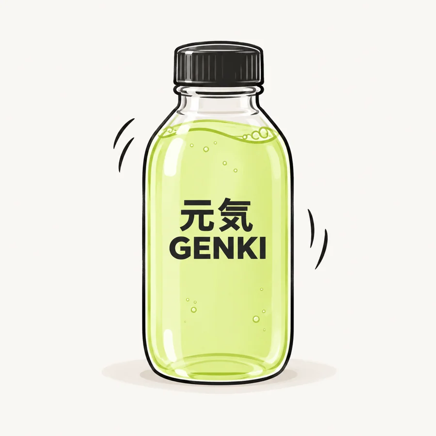 Botella cerrada con Genki preparado, lista para tomar