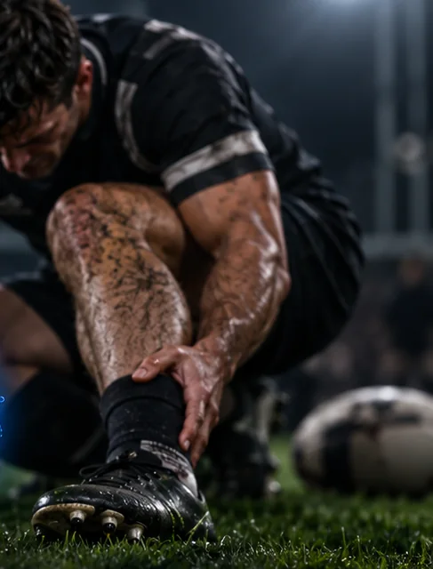 Jugador de rugby agachado en la cancha, tomándose el tobillo